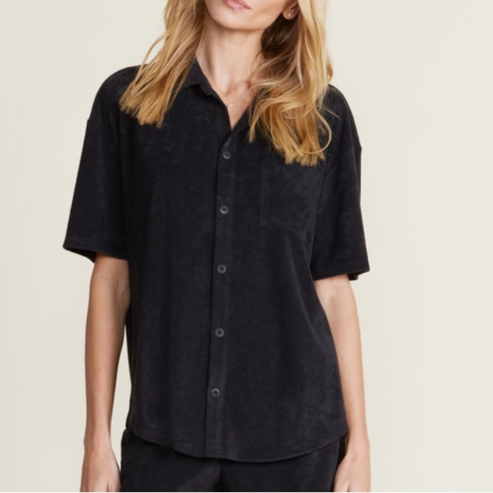 Barefoot Dreams Women's Cozyterry Button-Down Shirt Black Size XS Short Sleeve